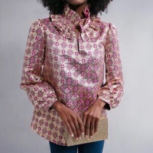 NWT Tuckernuck Blouse Top Bouvier Pink Gold Champagne Dreams Statement Blouse